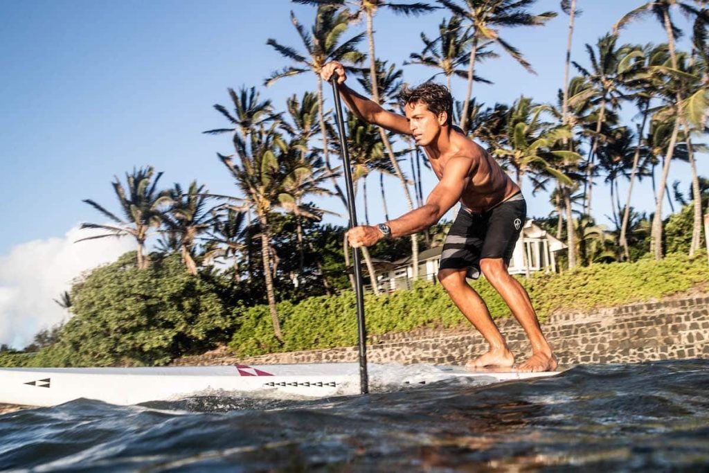 A man paddleboarding on water near a tropical shoreline with palm trees in the background.
