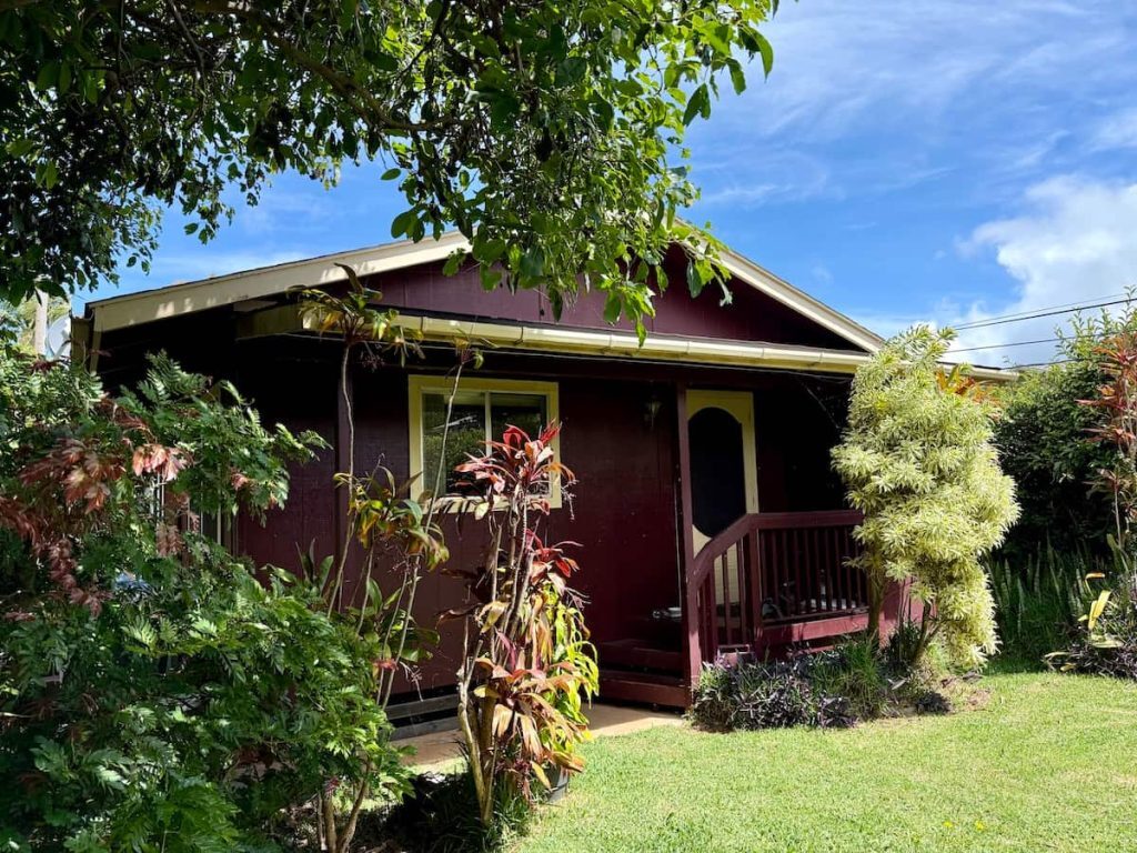 A small, rustic house with a red wooden exterior is surrounded by lush green plants and trees under a blue sky.