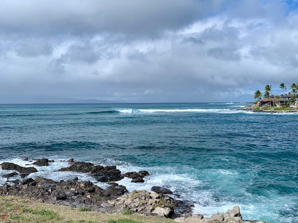 Rocky coastline with ocean waves crashing against the shore under a cloudy sky; palm trees and some houses are visible in the distance.